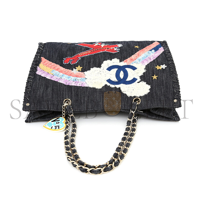 CHANEL DARK BLUE EMBROIDERED DENIM NIGHT FLIGHT TOTE BAG (40*30cm)